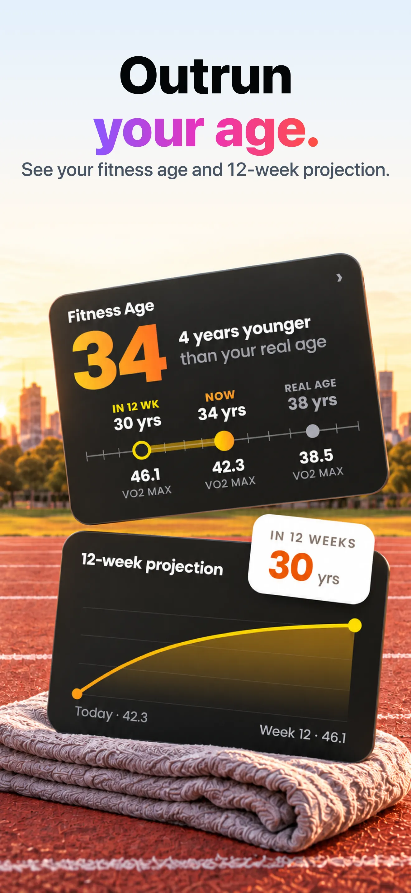 Fitness-age card and 12-week VO2 max projection from VO2 Maximizer