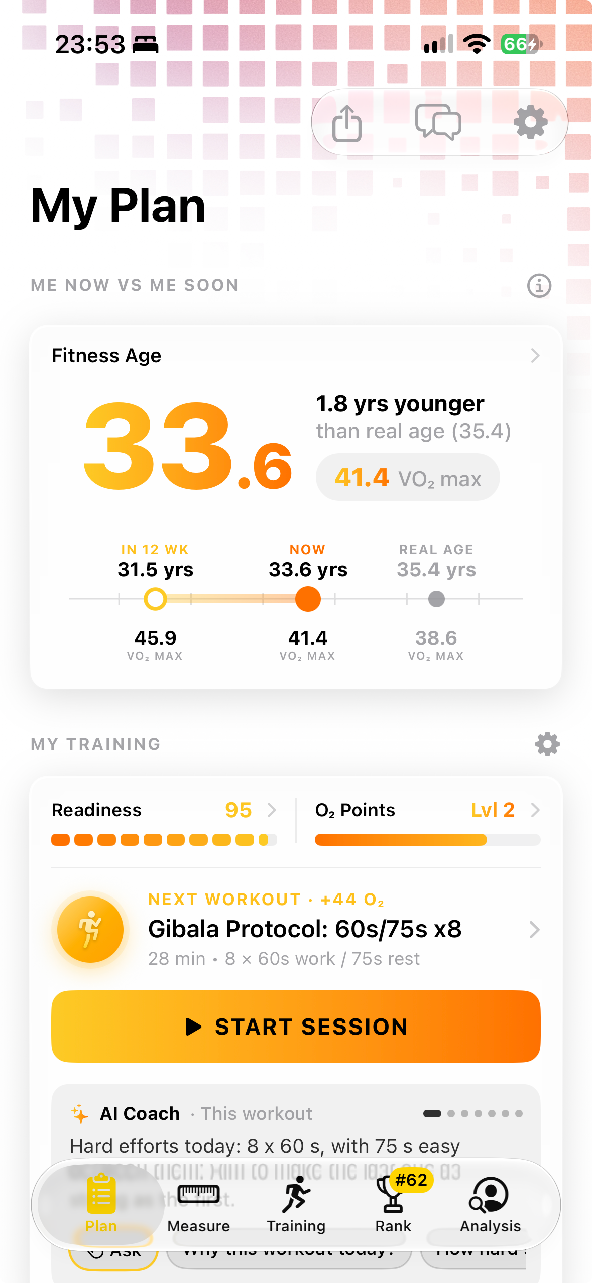 VO2 Maximizer My Plan in light mode: fitness age 33.6, readiness and next workout