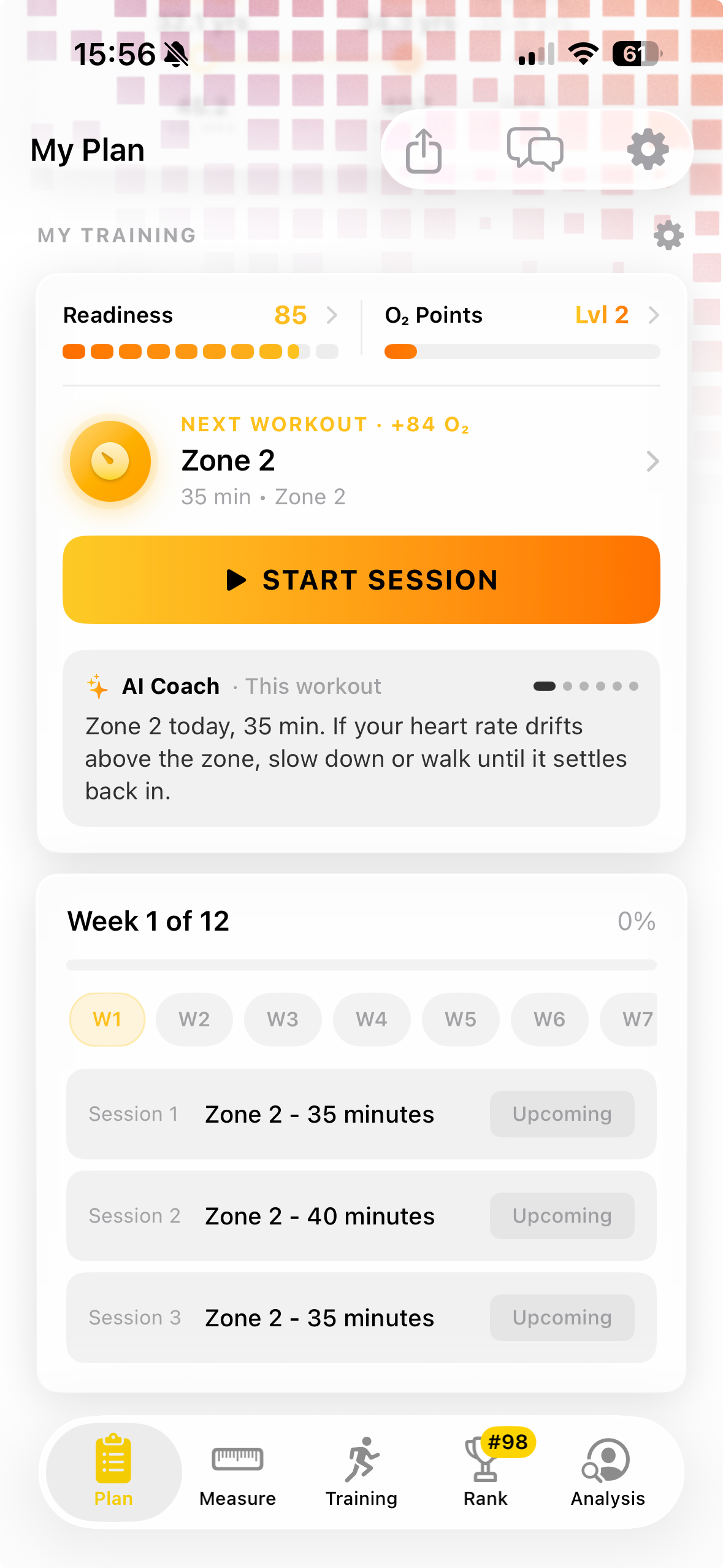 VO2 Maximizer training plan, readiness and next workout on iPhone