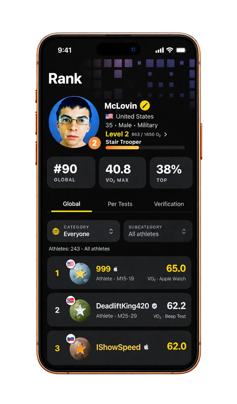 VO2 Maximizer leaderboard on iPhone