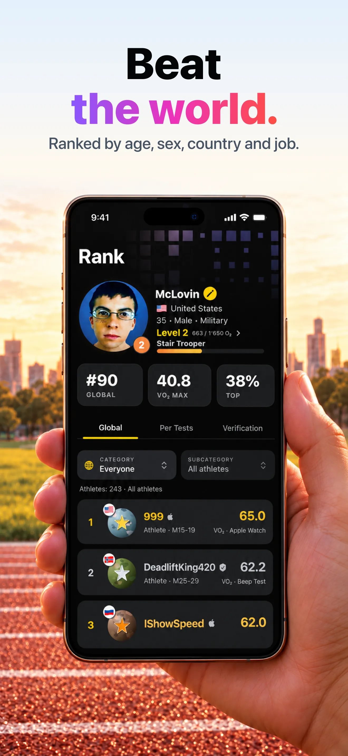 Large iPhone leaderboard showing global rank, VO2 max and ranked athletes