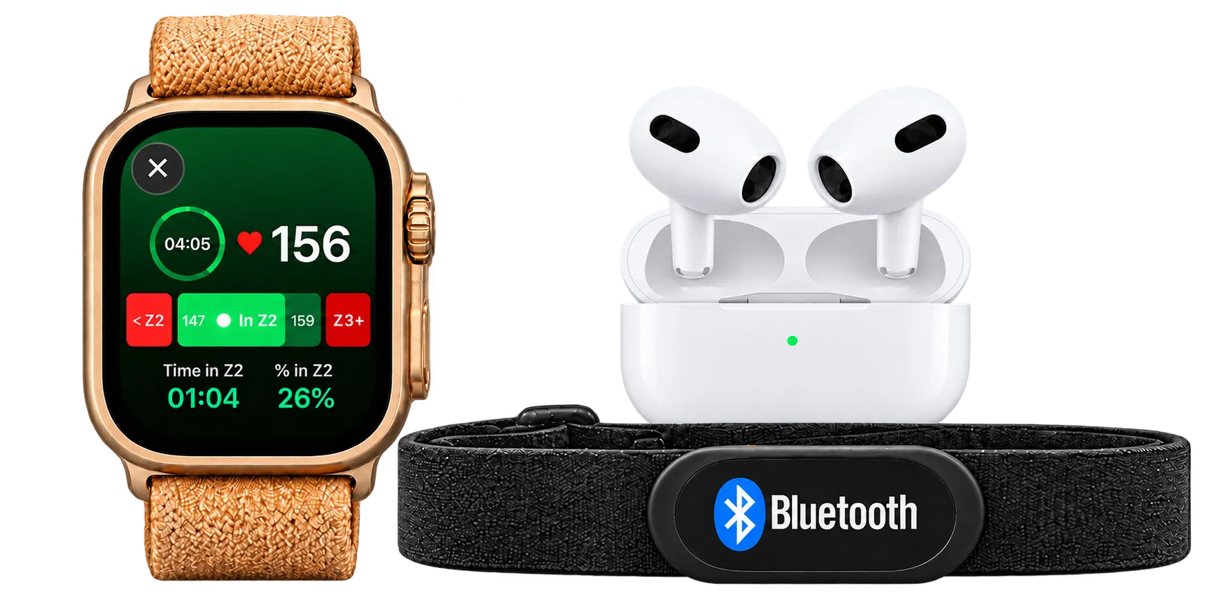 Apple Watch, AirPods and Bluetooth heart-rate strap