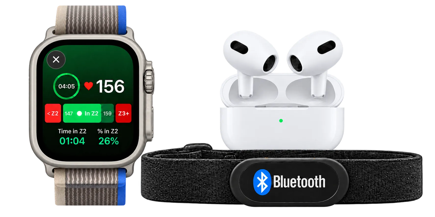 Apple Watch, AirPods and Bluetooth heart-rate strap