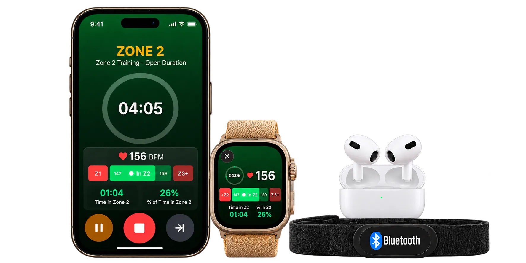 Apple Watch, AirPods and Bluetooth heart-rate strap