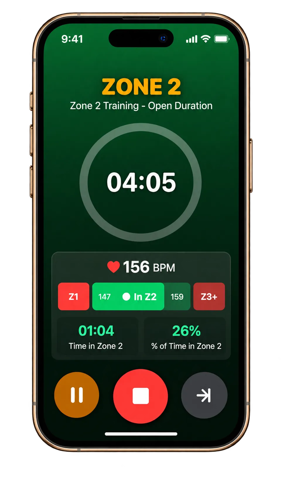 Zone 2 session on iPhone showing live heart rate and training-zone guidance