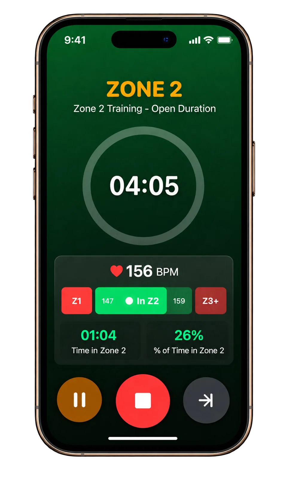 Zone 2 session on iPhone showing live heart rate and training-zone guidance