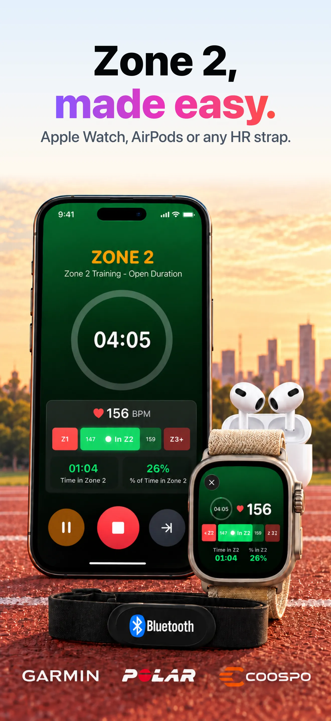 Zone 2 session on iPhone and Apple Watch with a Bluetooth heart-rate chest strap